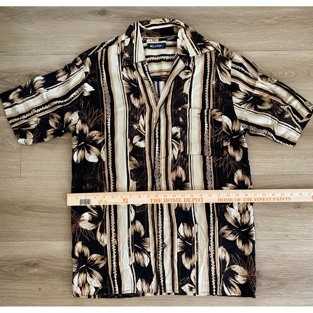 Vintage Puritan Mens S Hawaiian Shirt Rayon Black Floral Stripe Short Sleeve